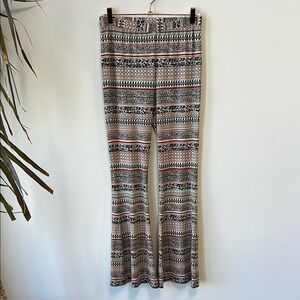 About A Girl Sz M Brown & Blue Striped/Floral Flare Boho Pants